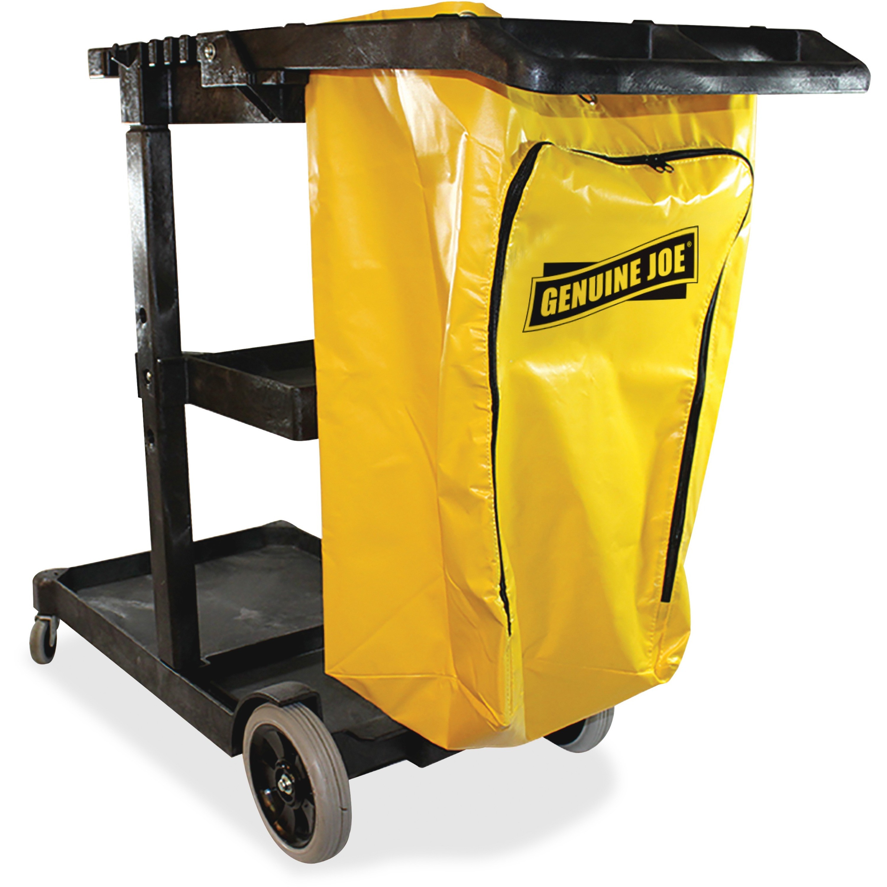 Genuine Joe Workhorse Janitor Cart, Charcoal, Zippered Yellow Vinyl Bag