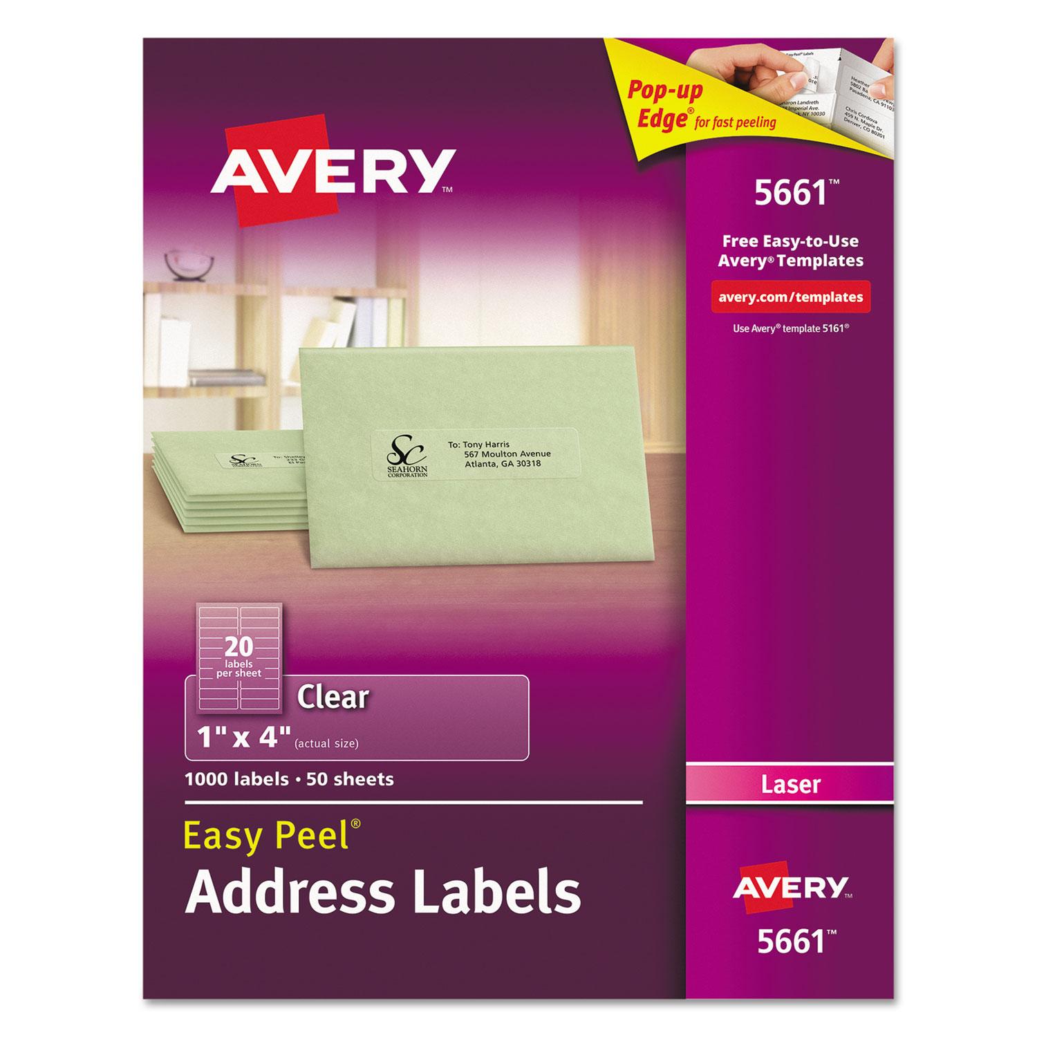 Avery® Matte Clear Easy Peel Address Labels, Laser, 1 x 4, 1000/Box