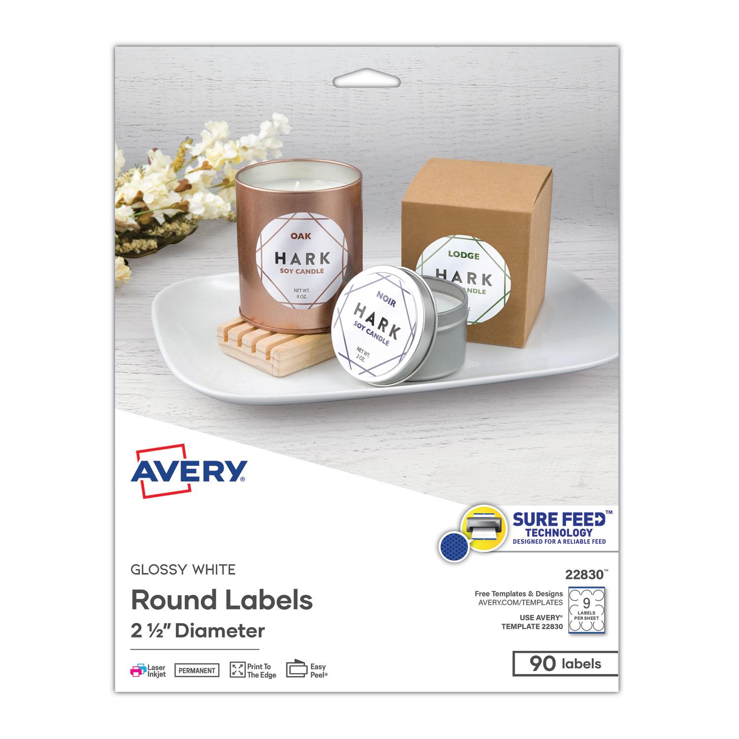 Avery® Round True Print Labels, 2 1/2" dia, White, 90/Pack