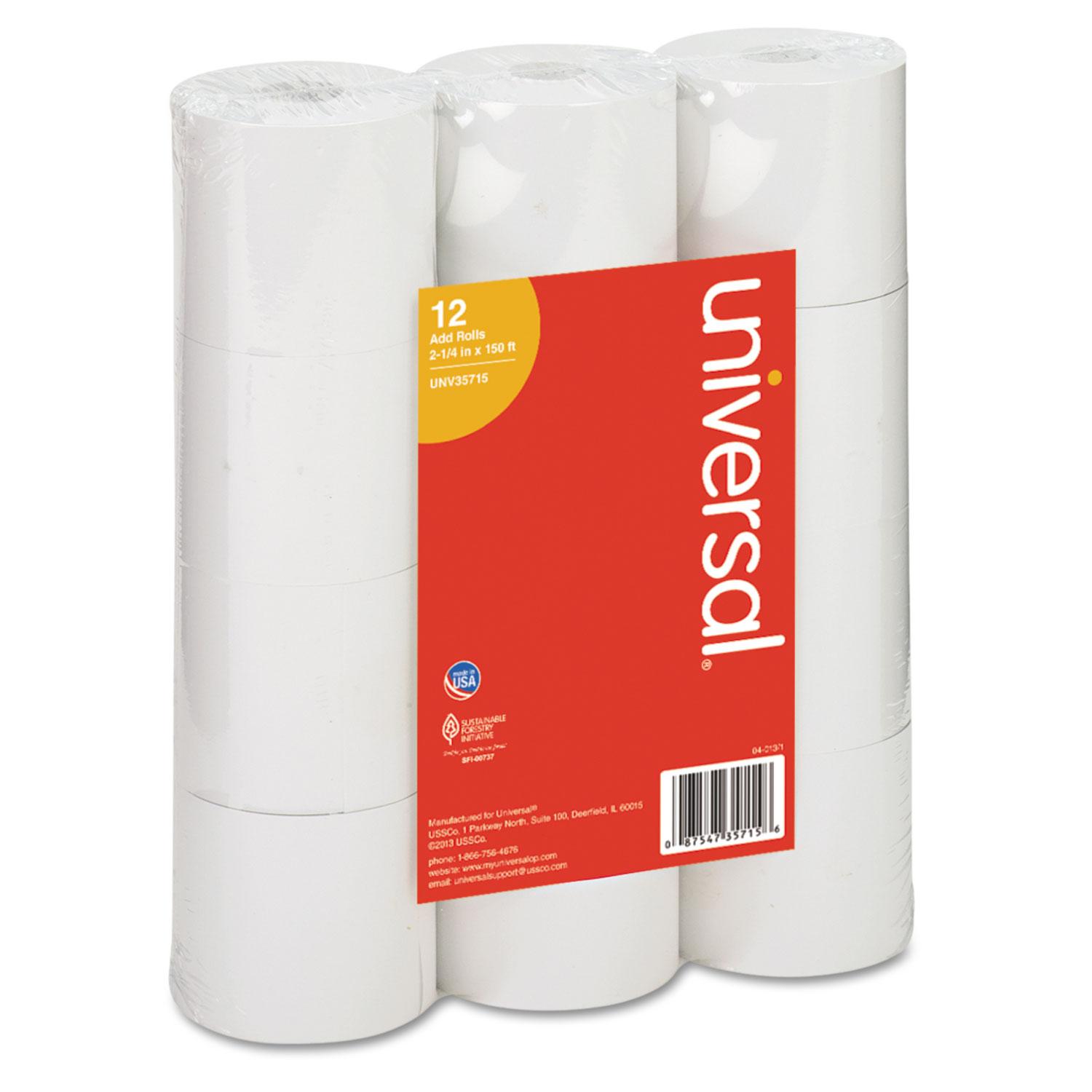 Universal® Adding Machine/Calculator Roll, 16 lb, 1/2" Core, 2-1/4"x150 ft, White, 12/Pack