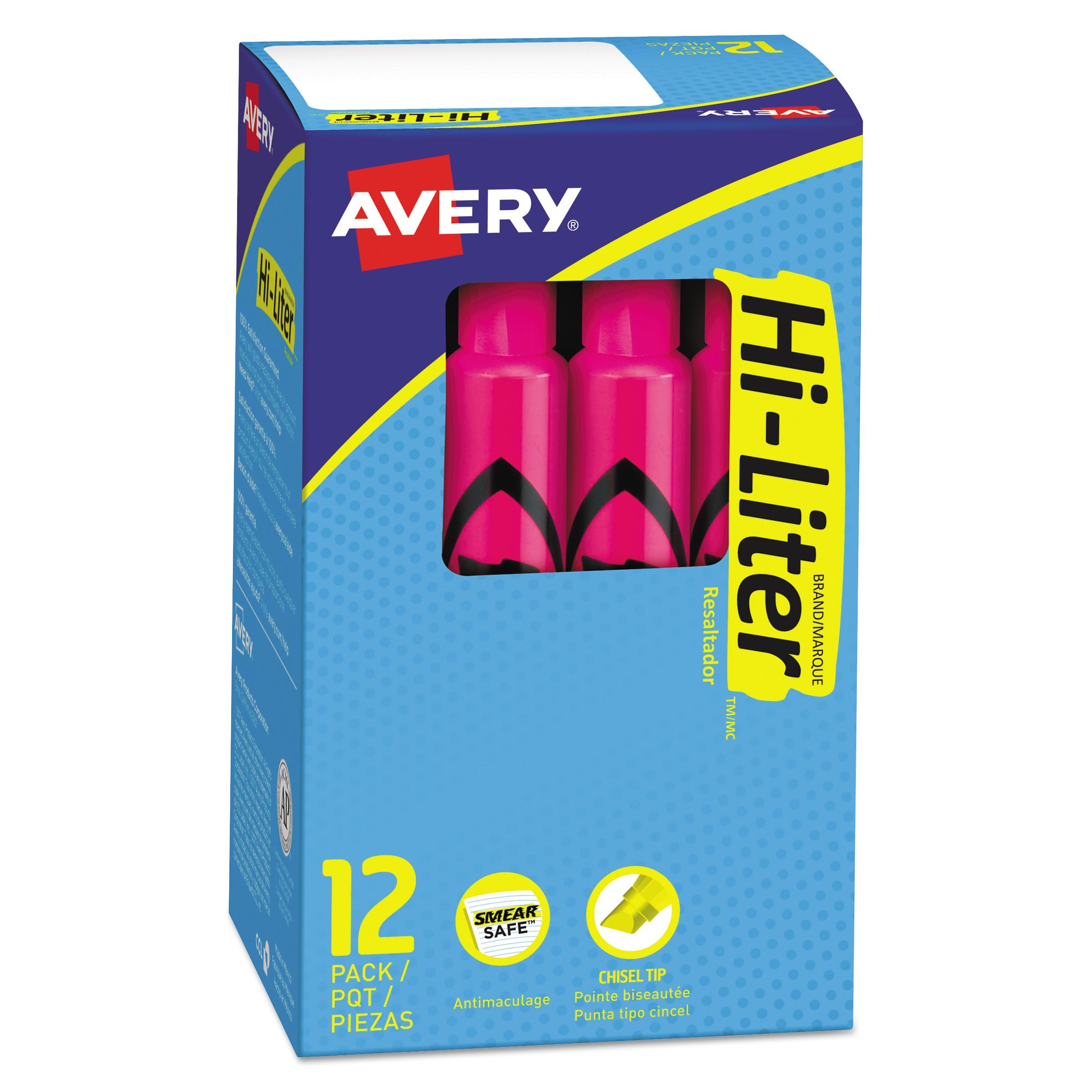 Avery® HI-LITER Desk-Style Highlighter, Chisel Tip, Fluorescent Pink Ink, Dozen
