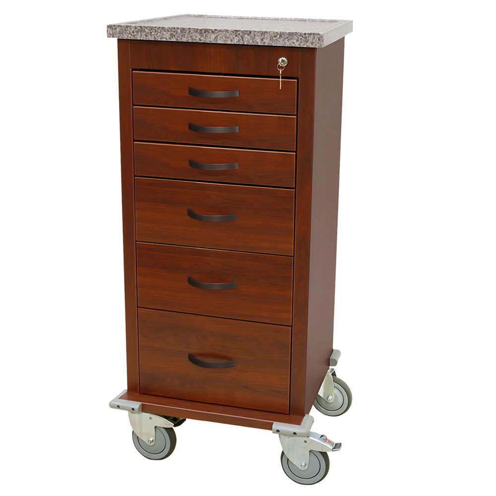 Tall Wood Vinyl Aluminum Anesthesia Cart, Mini Width, Six Drawer, Key Lock with Cherry Mahogany Wood Vinyl Finish