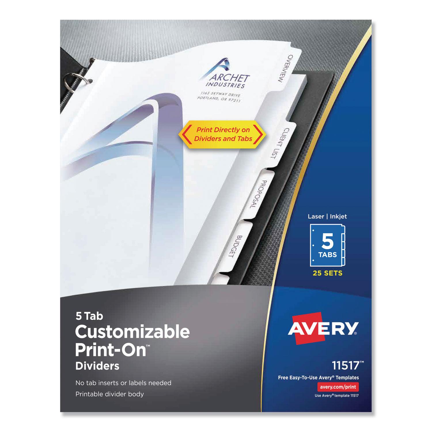 Avery® Customizable Print-On Dividers, Letter, 5-Tabs/Set,  25 Sets/Pack