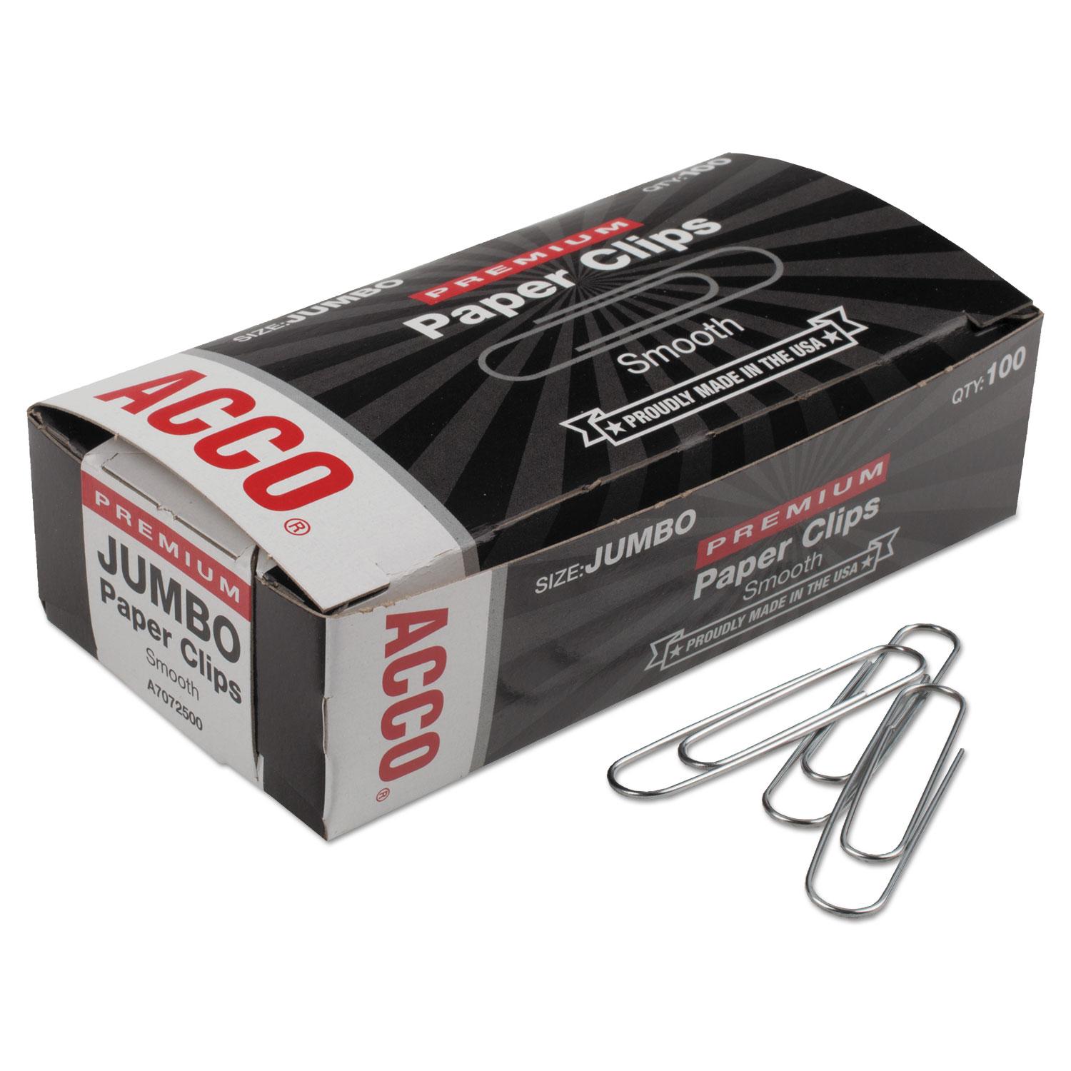 ACCO Premium Paper Clips, Smooth, Jumbo, Silver, 100/Box, 10 Boxes/Pack
