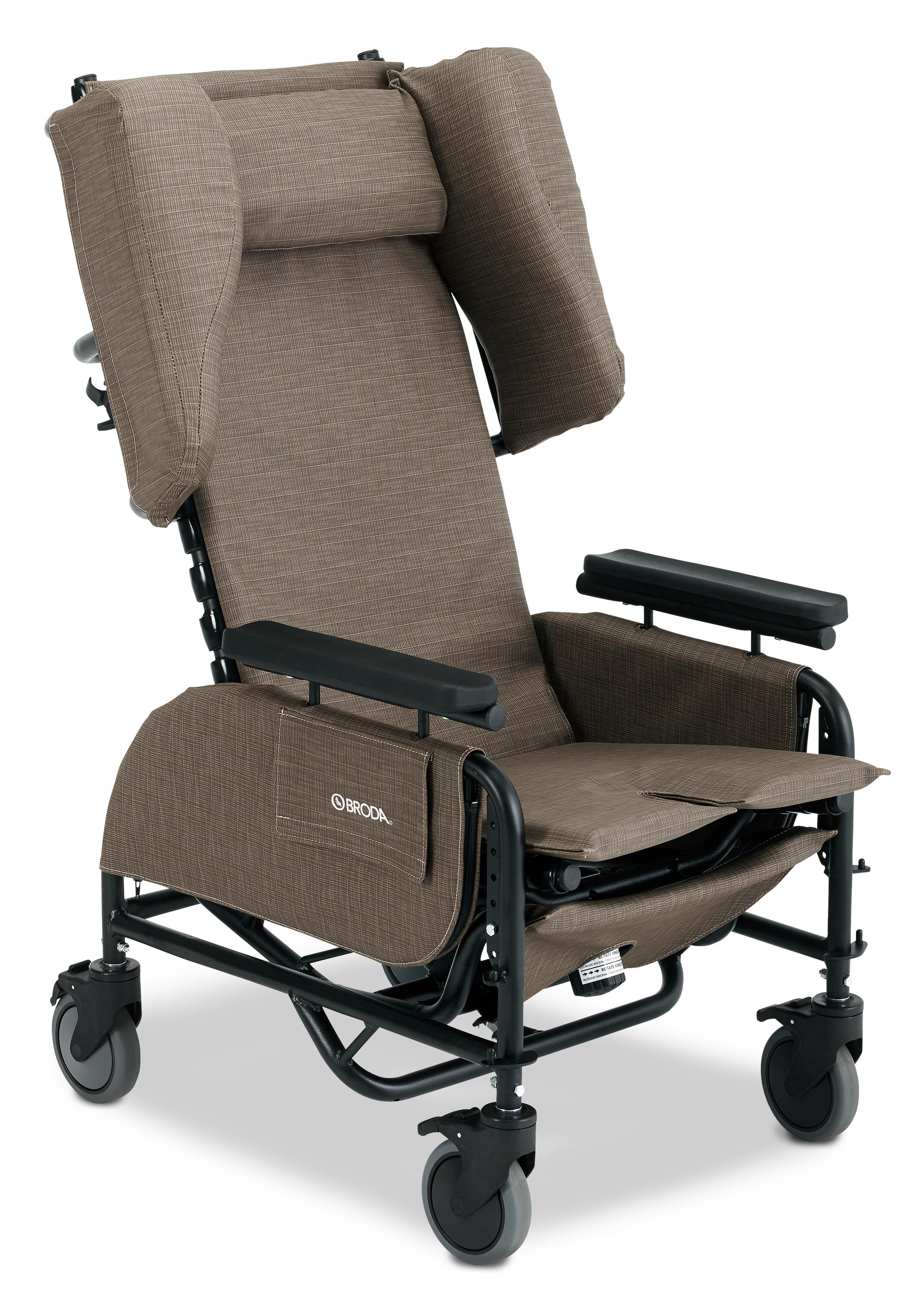 BRODA® Latitude Pedal Wheelchair, 18"W x 18-1/2"D, Black Vinyl, Grey Frame/Straps, 5" Casters, Padding, Rocker