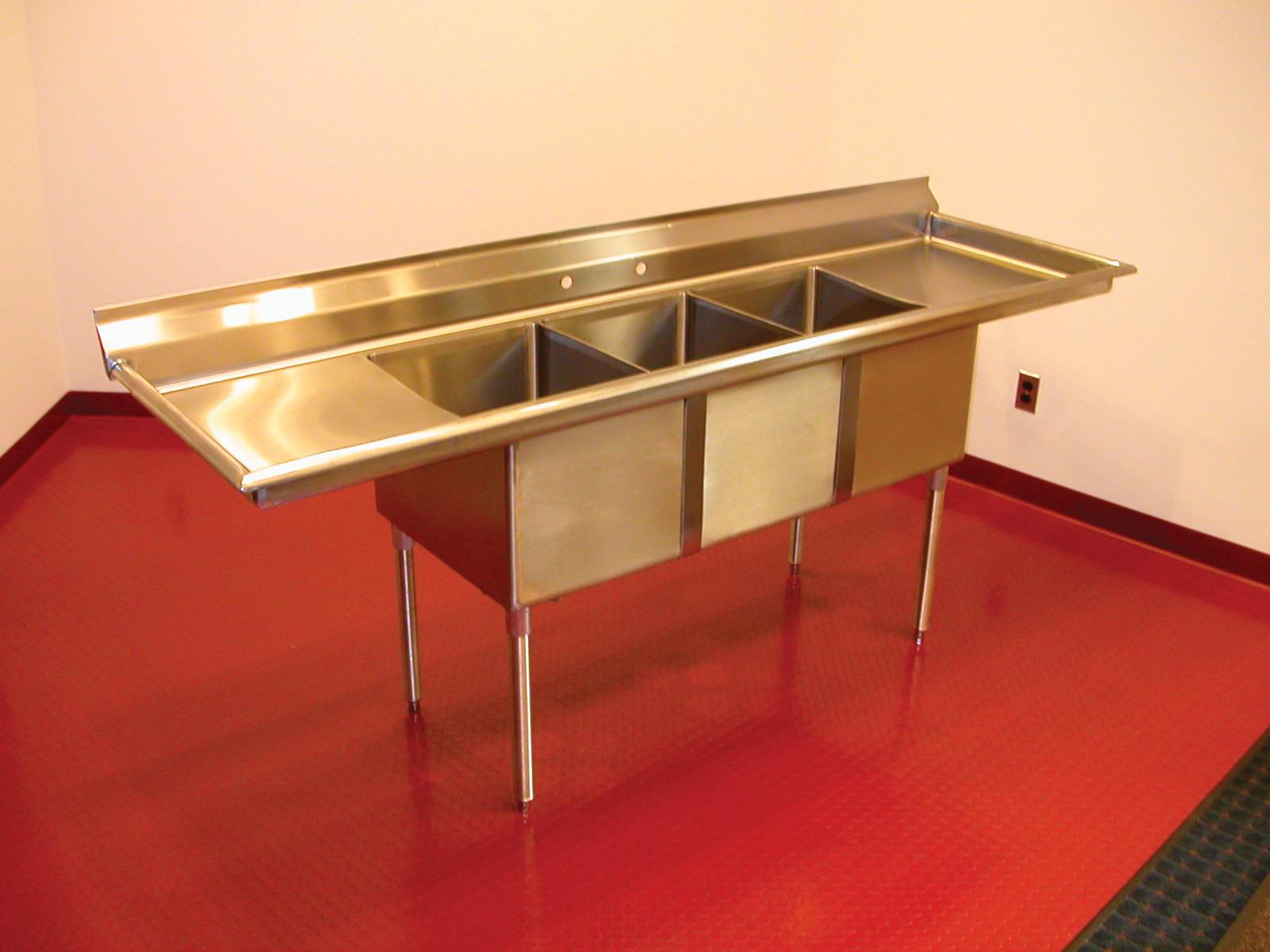 430 Stainless Steel Triple Sink with Drainboard on Both Sides, 30"W x 123"L
