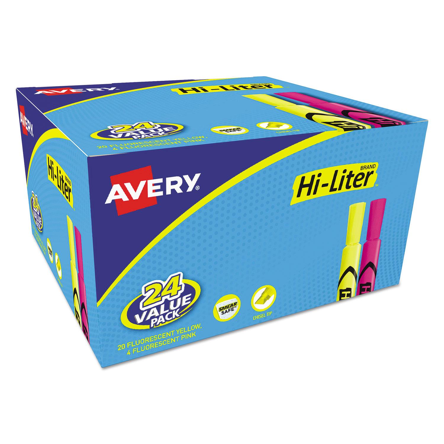 Avery® HI-LITER Desk-Style Highlighter, Chisel Tip, Assorted Colors, 24/Pack