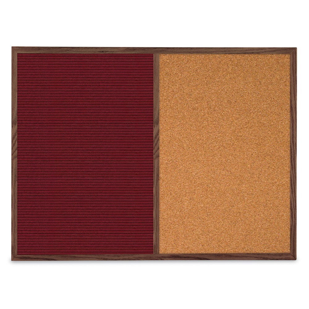 24" x 18" Walnut Wooden Open Faced Enclosed Combination Board with Burgundy Letterboard and Natural Cork Boards