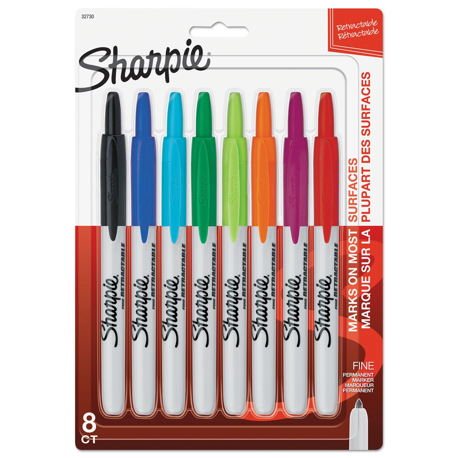 Sharpie® Retractable Permanent Markers, Fine Point, Assorted, 8/Set