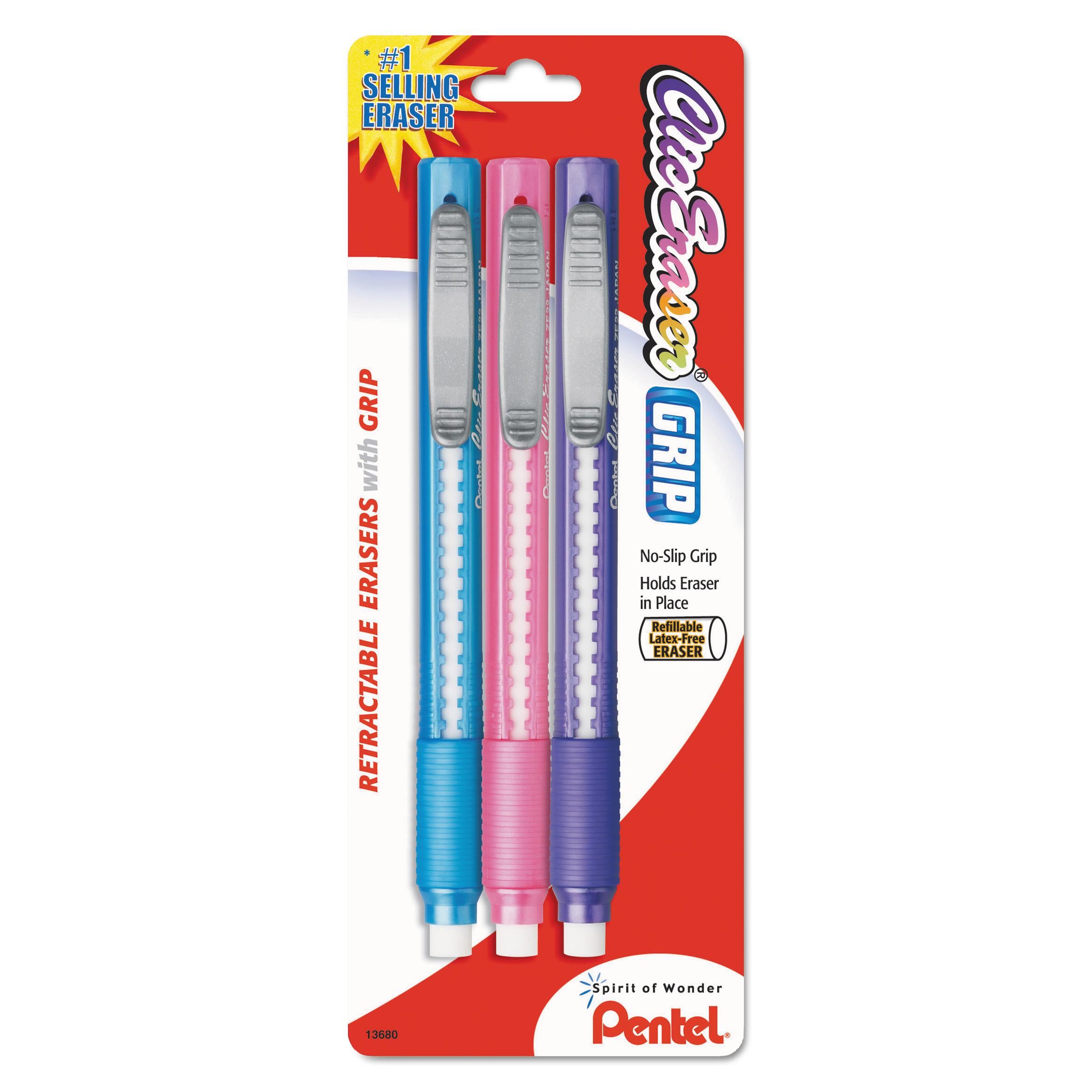 Pentel® Clic Eraser Pencil-Style Grip Eraser, Assorted, 3/Pack