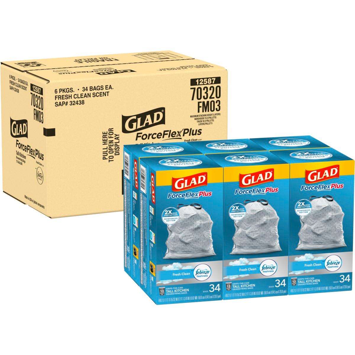 Glad® Glad ForceFlexPlus XL X-Large Kitchen Drawstring Trash Bags, 13 Gallon Grey Trash Bag, Fresh Clean with Febreze Freshness, 34 Count Each, Pack of 6 (70320)