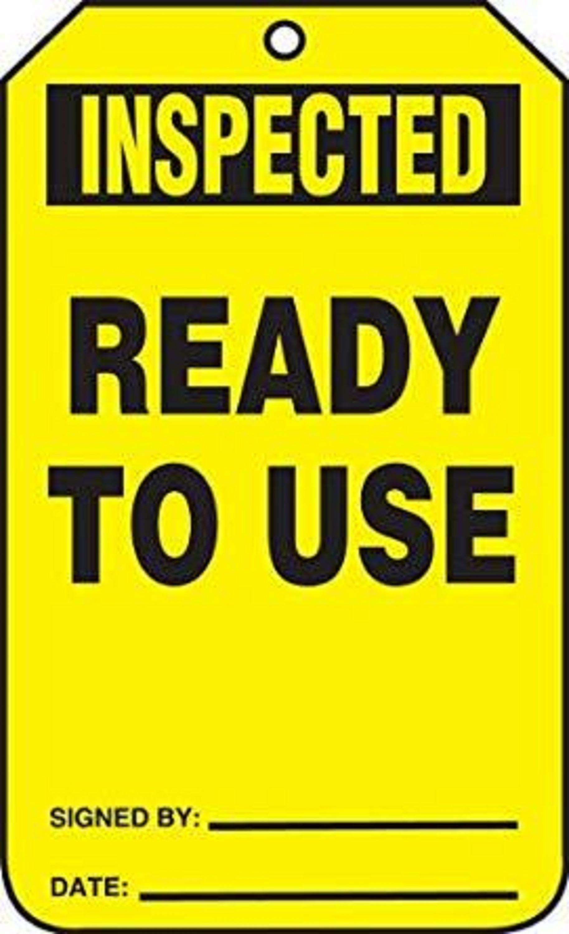 Equipment Safety Tag, Inspected Ready To Use, Signed By Date, Black/Yellow On Yellow Cardstock, 5.75