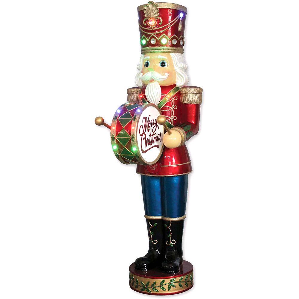 Indoor/Outdoor Oversized Christmas Decor, 5-Ft. Nutcracker Playing Bass Drum w/ Moving Hands, Music, Timer, and 15 LED Lights