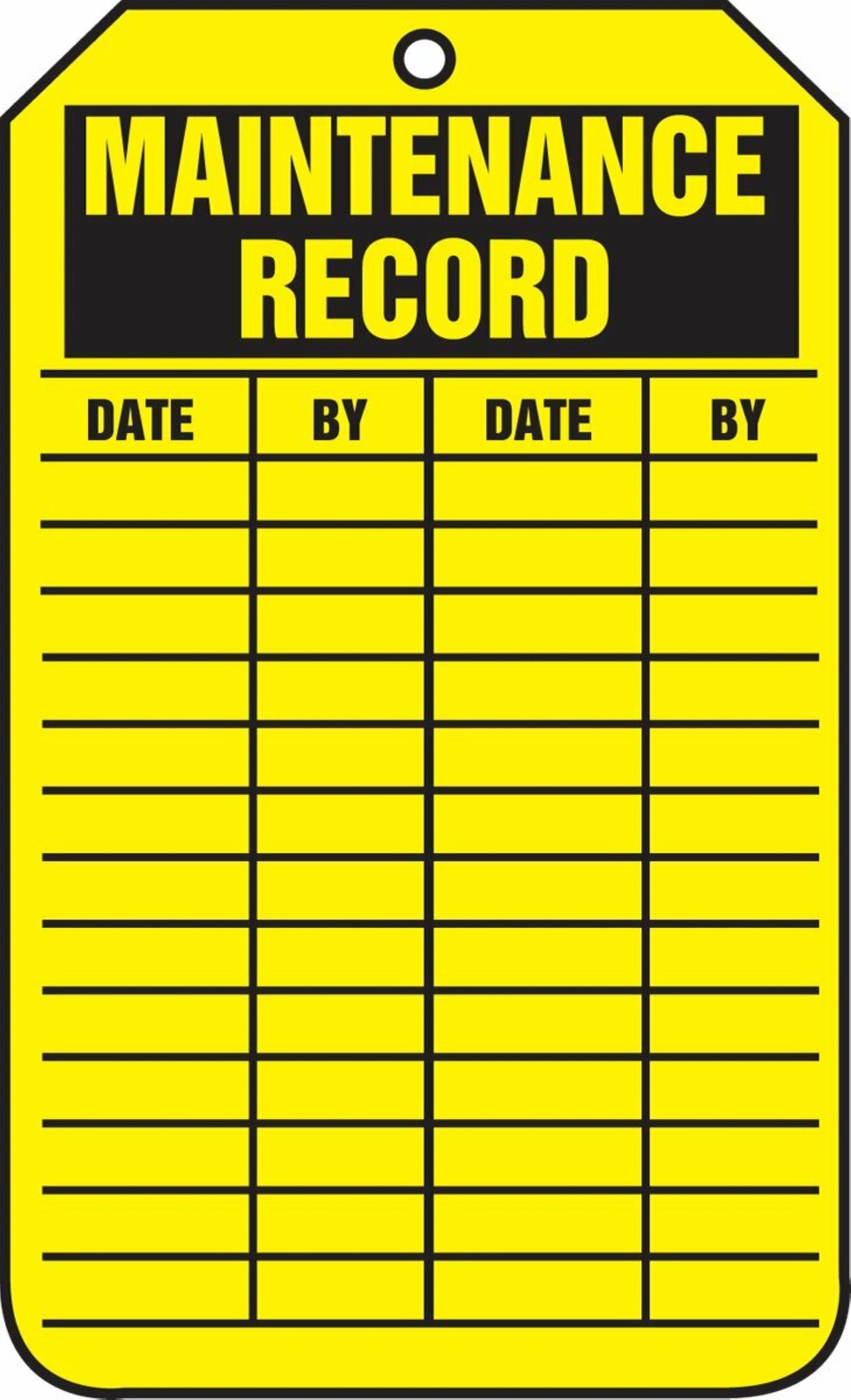 Equipment Status Safety Tag:; Maintenance Record, Black On Yellow Cardstock, 5/Pk