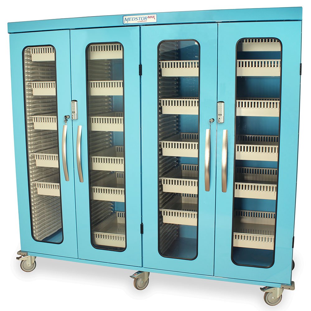 Light Blue Quad Column Mobile Medical Storage Cabinet, Glass Doors, E-Lock