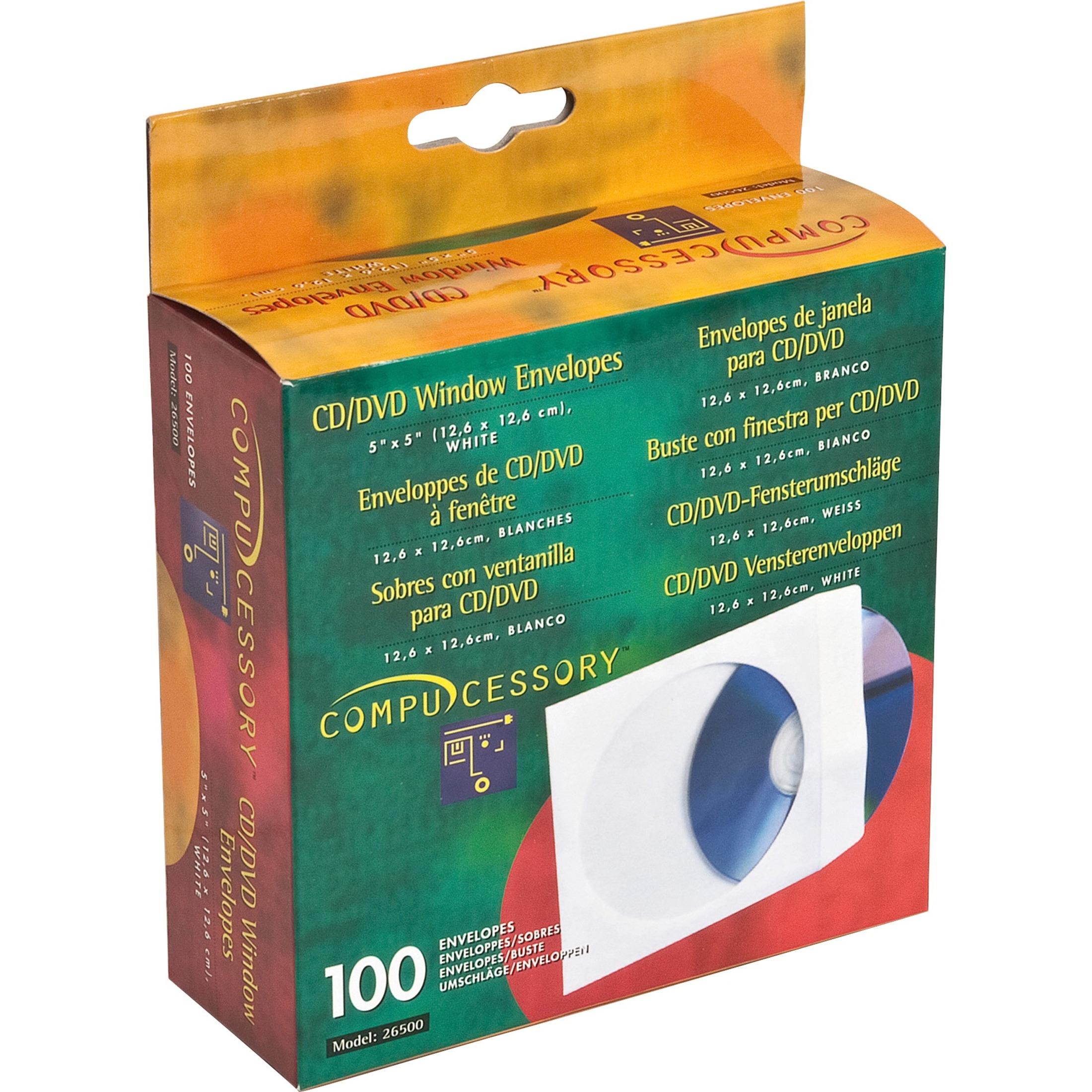 CD/DVD Window Envelopes, 5"x5", 100/BX, White