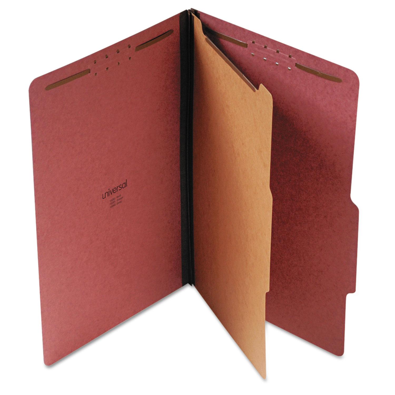 Universal® Pressboard Classification Folder, Legal, Four-Section, Red, 10/Box
