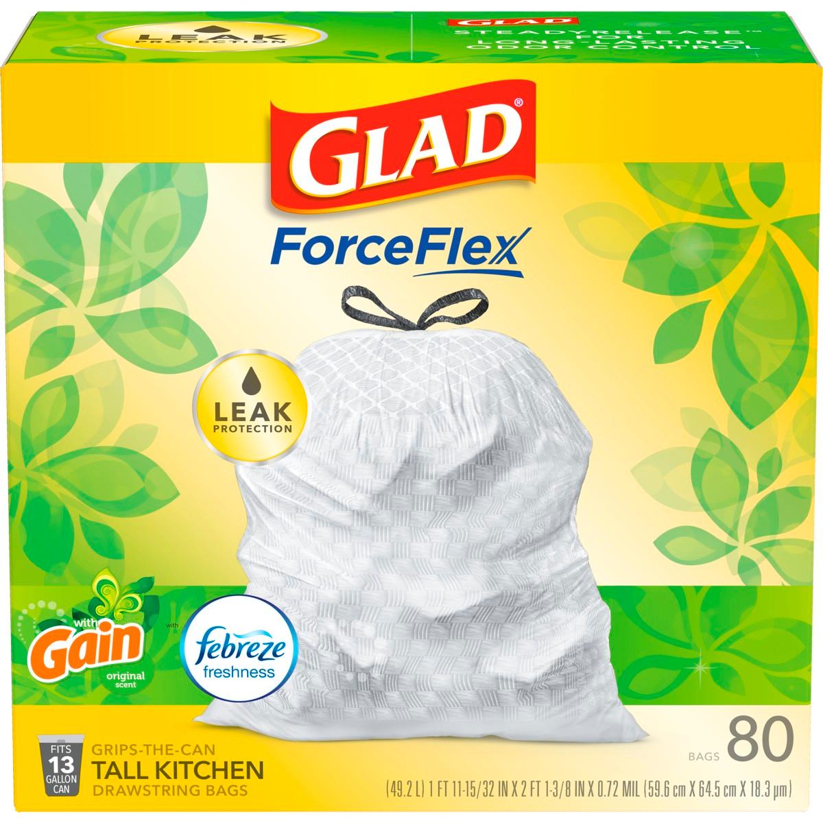 Glad® Glad ForceFlex Tall Kitchen Drawstring Trash Bags, 13 Gallon White Trash Bag, Gain Original scent with Febreze Freshness, 80 Count, 3 Boxes/Carton