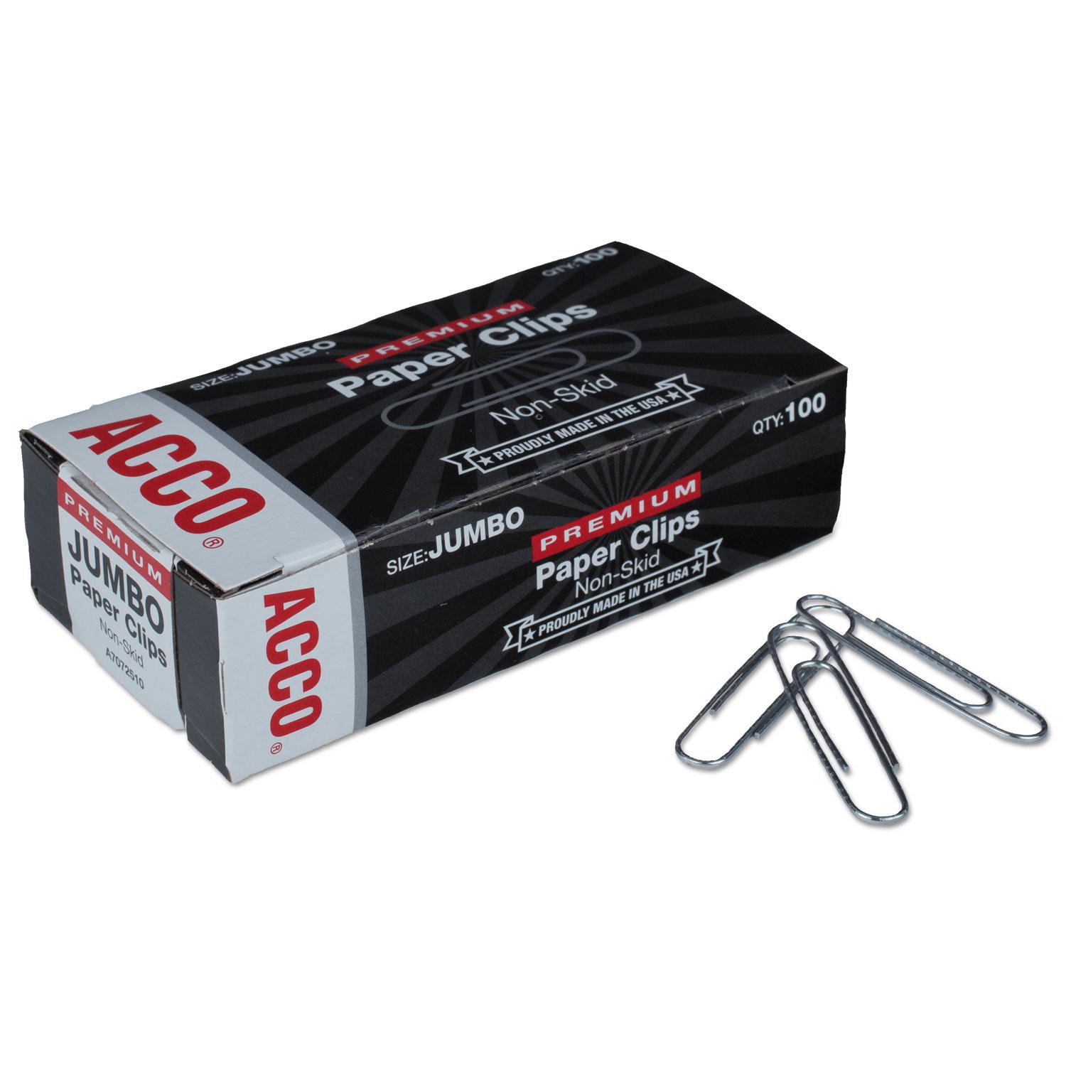 ACCO Premium Paper Clips, Nonskid, Jumbo, Silver, 100/Box, 10 Boxes/Pack