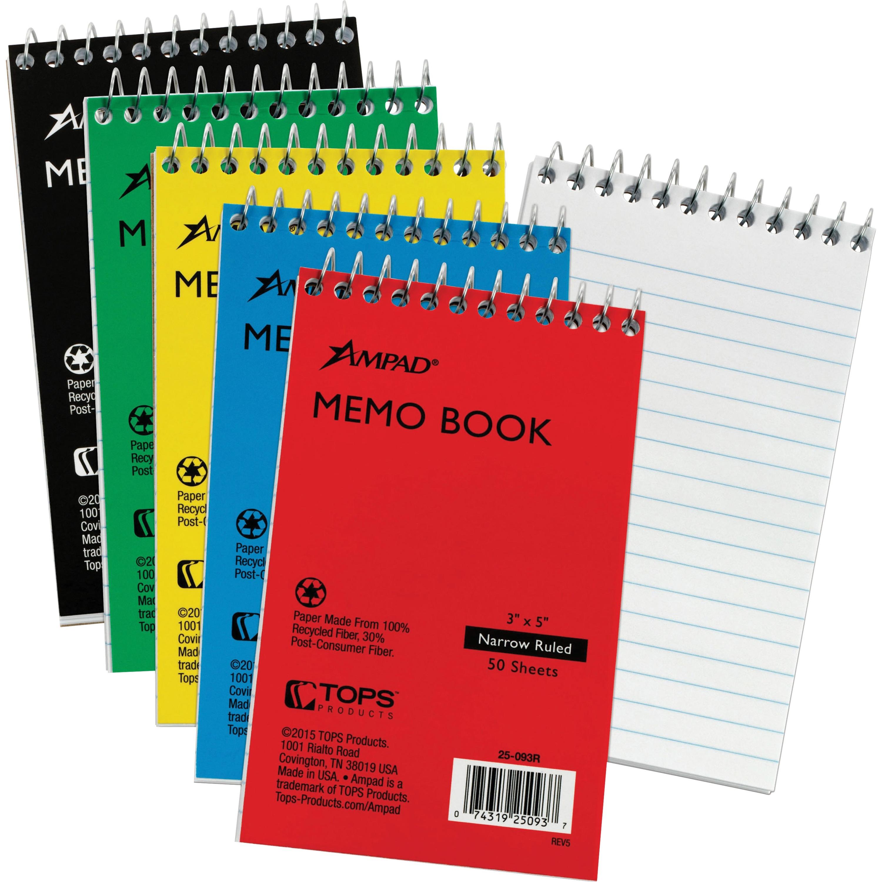 Memo Notebooks,Top Spiral,Narrow Rld,50 Shts,3"x5",5/BD, AST