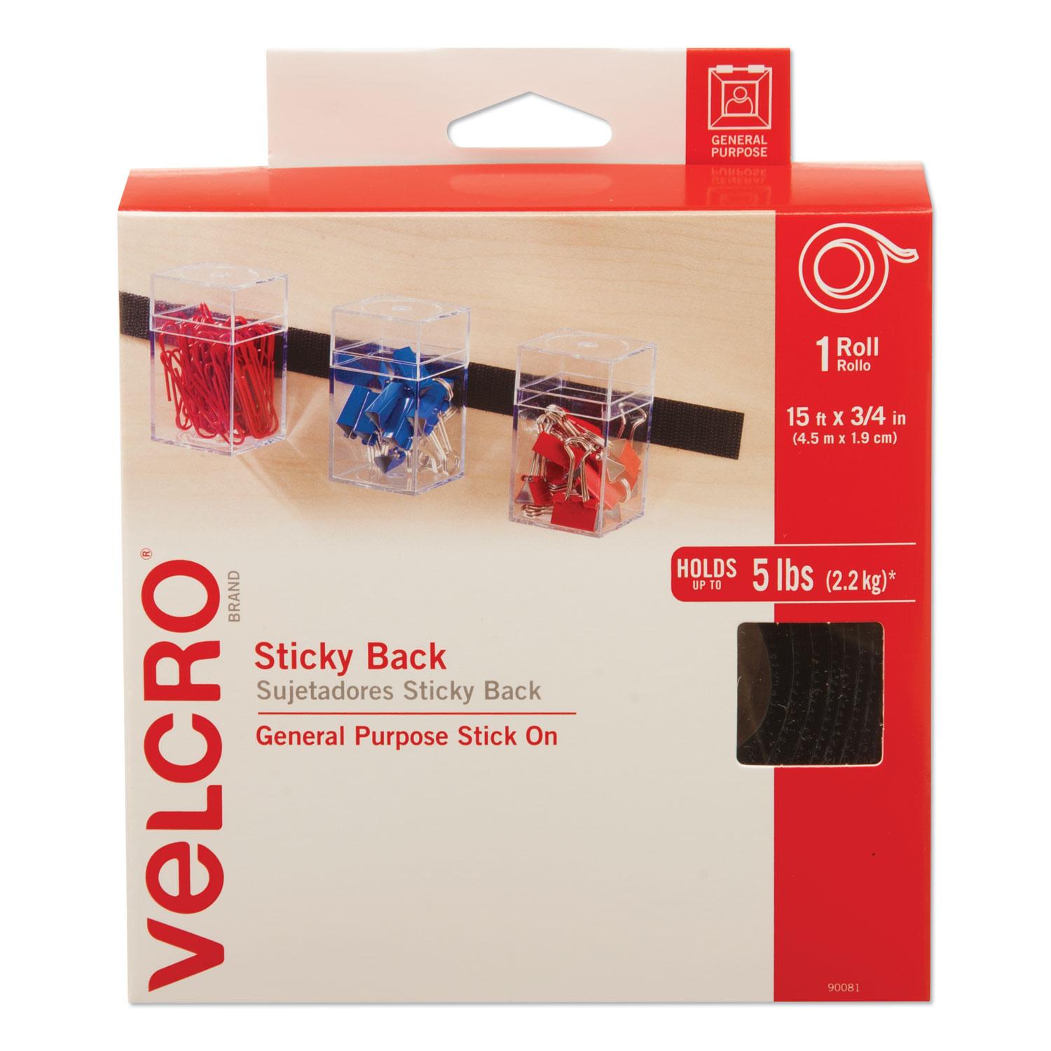 VELCRO® Brand Sticky-Back Hook & Loop Fasteners w/Dispenser, 3/4" x 15ft Roll, Black