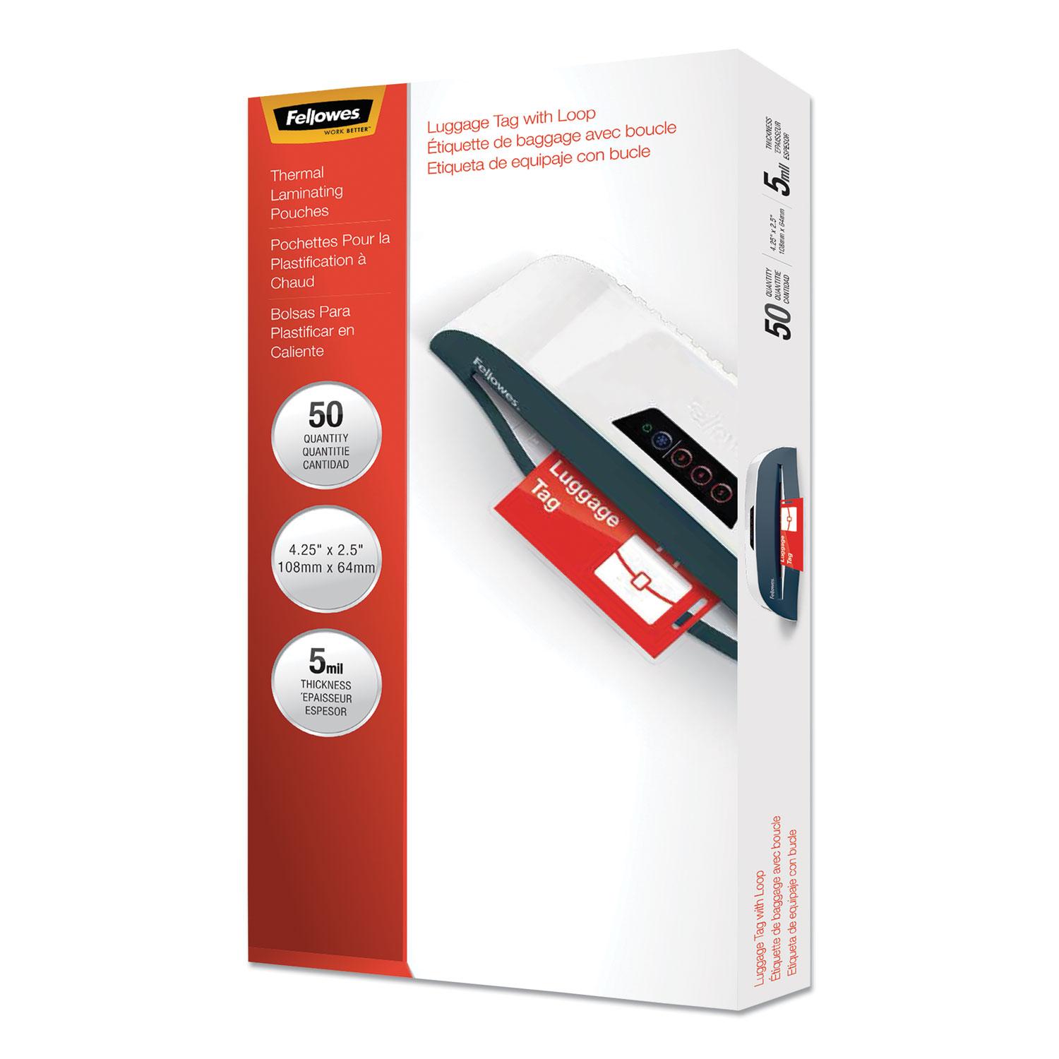 Fellowes® Laminating Pouches, 5mil, 4 1/4 x 2 1/2, Luggage Tag Style, 50/Pack