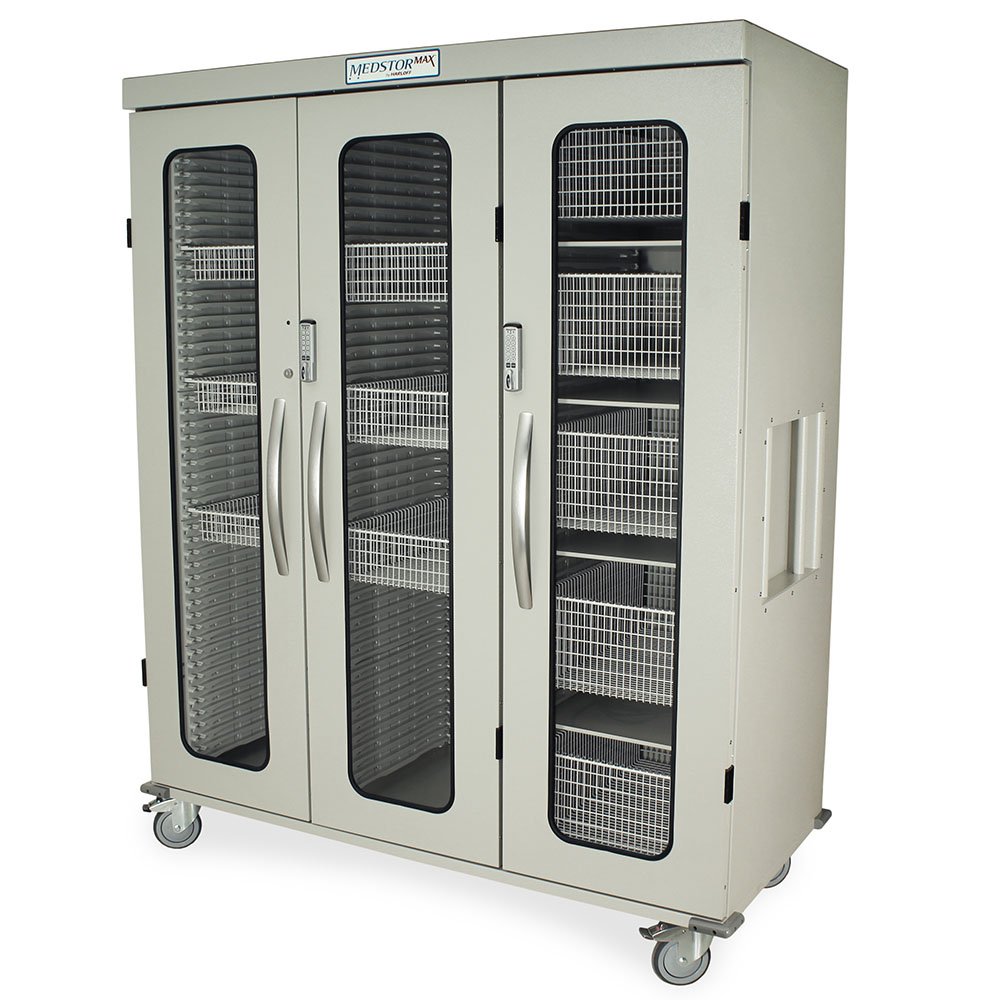 Light Gray Triple Column Medical Equipment Storage Cabinet, Glass Doors, E-Lock