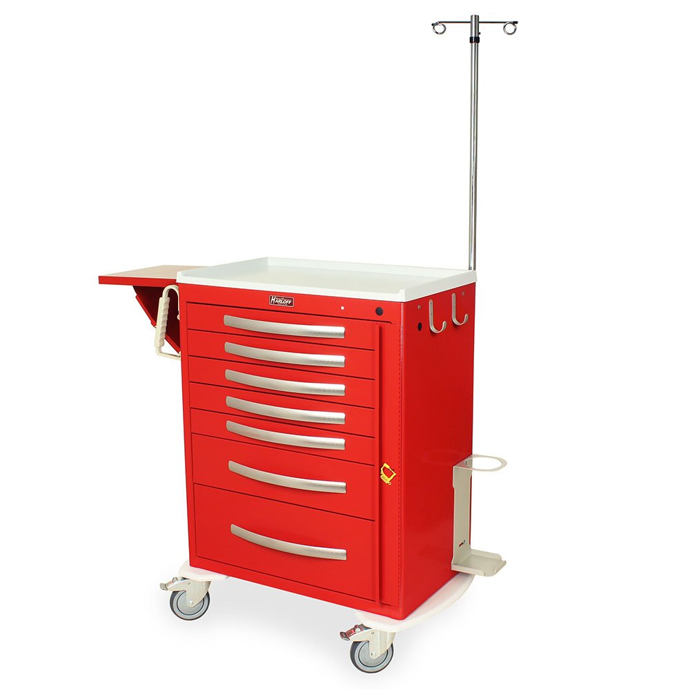 Red A-Series Lightweight Seven Drawer Crash Cart with MD30-EMG1 Accessories Package, Tall Height, Breakaway Lock
