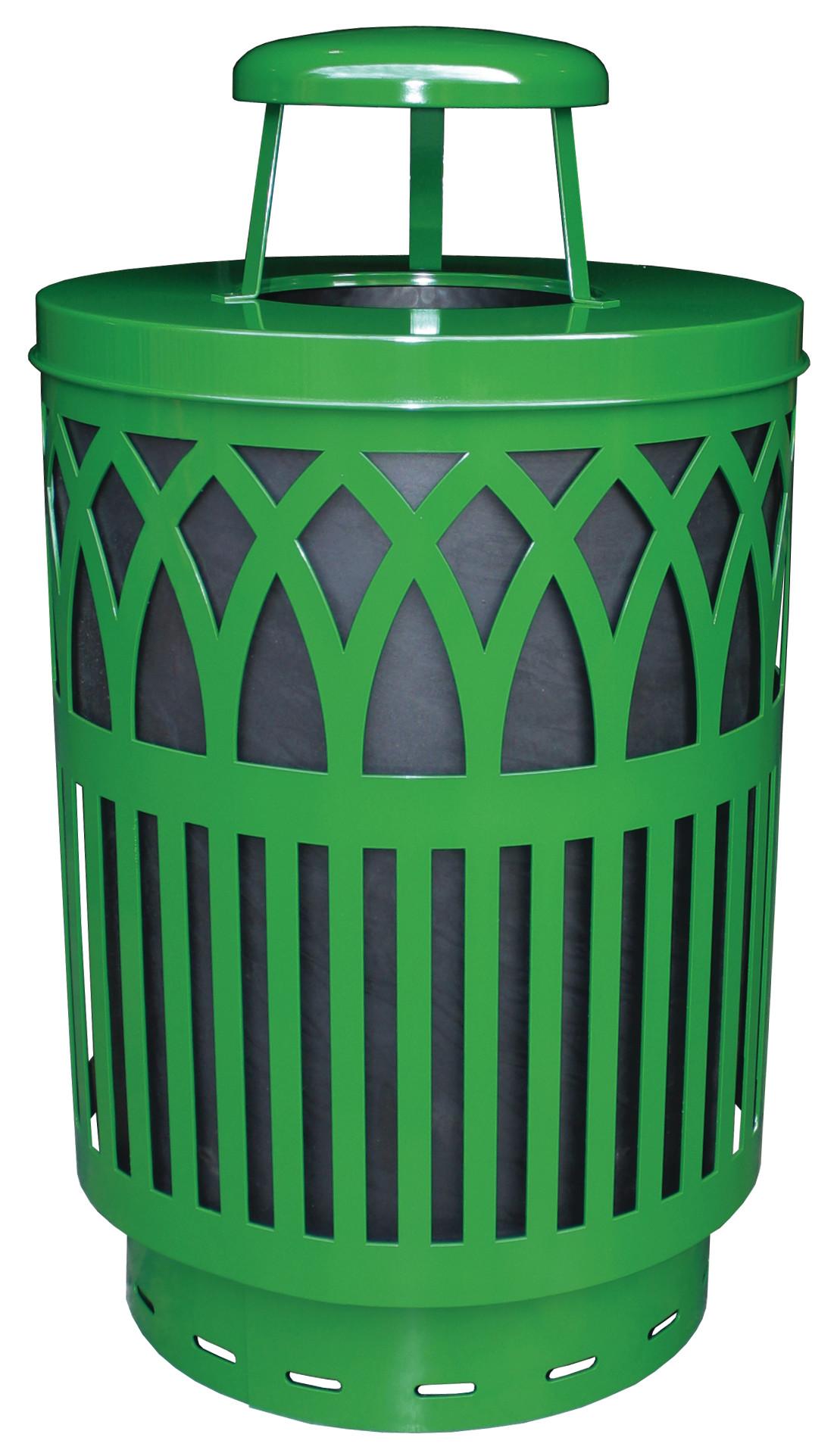 Witt Covington Outdoor Waste Receptacle, 40 Gallon, Rain Cap, Laser Cut Design, with Plastic Liner, Green