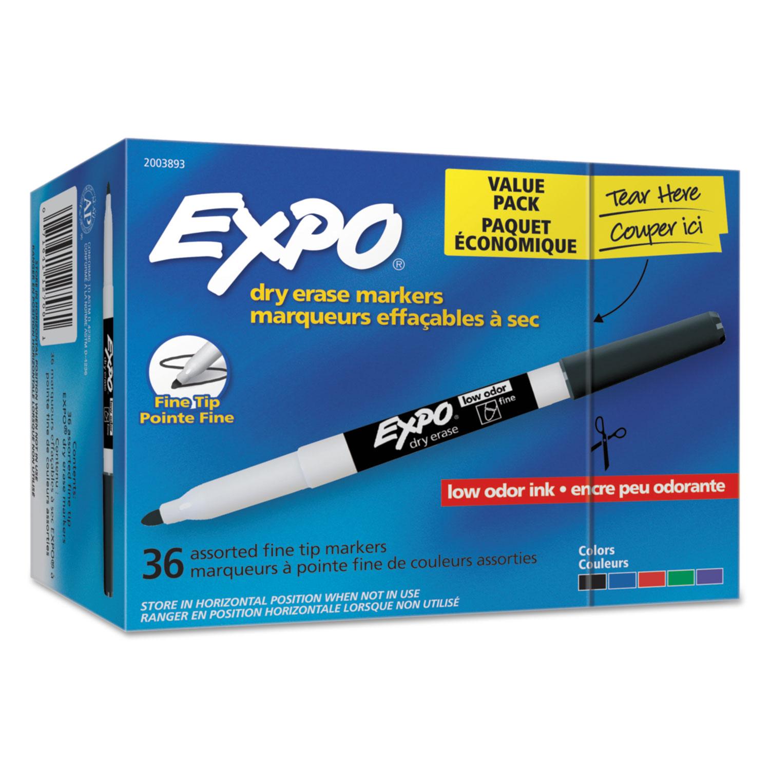 EXPO® Low Odor Dry Erase Markers, Fine Tip - Office Pack, Assorted Colors, 36/Pack