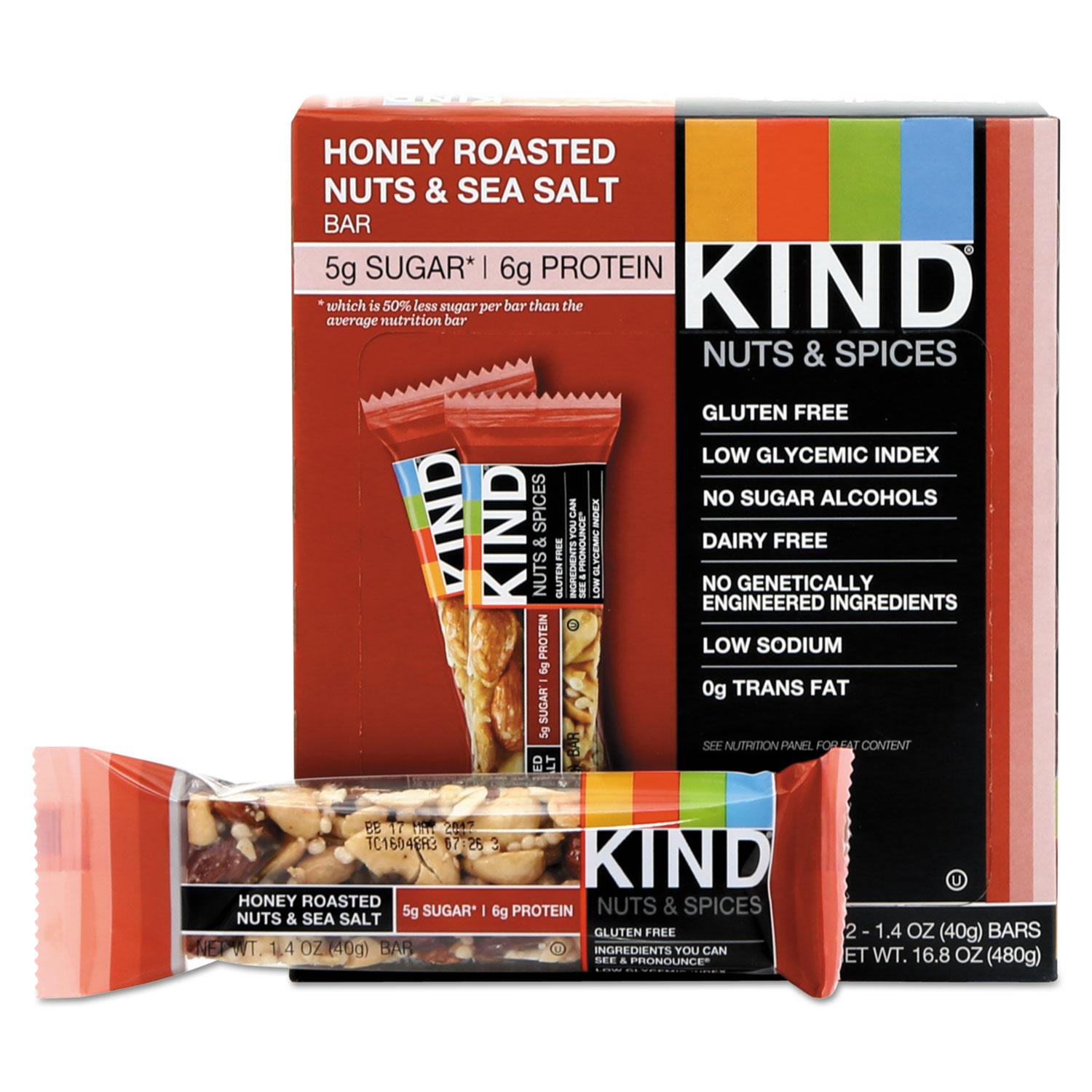 KIND Nuts and Spices Bar, Honey Roasted Nuts/Sea Salt, 1.4 oz Bar, 12/Box