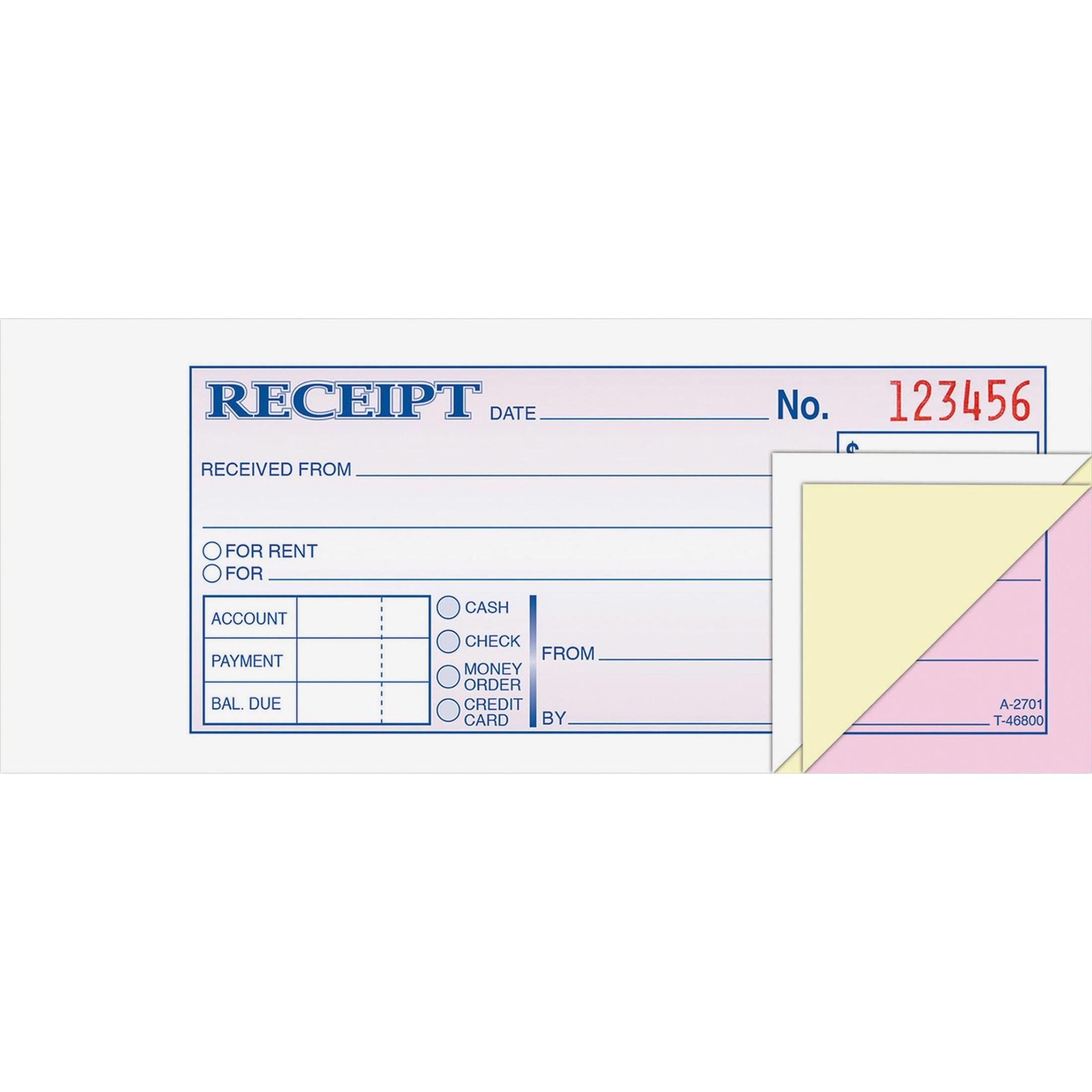 Receipt Book,Carbonless,3-Prt,2-3/4"x7-3/16",50/BK,WE/CA/PK