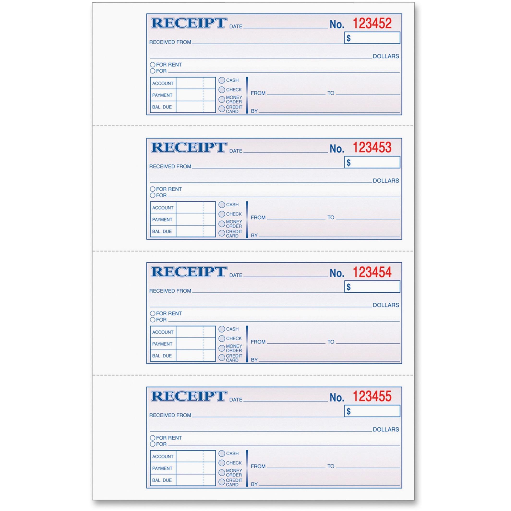 Receipt Book,Carbonless,3-Part,2-3/4"x7-1/4",100/BK,WE/CA/PK