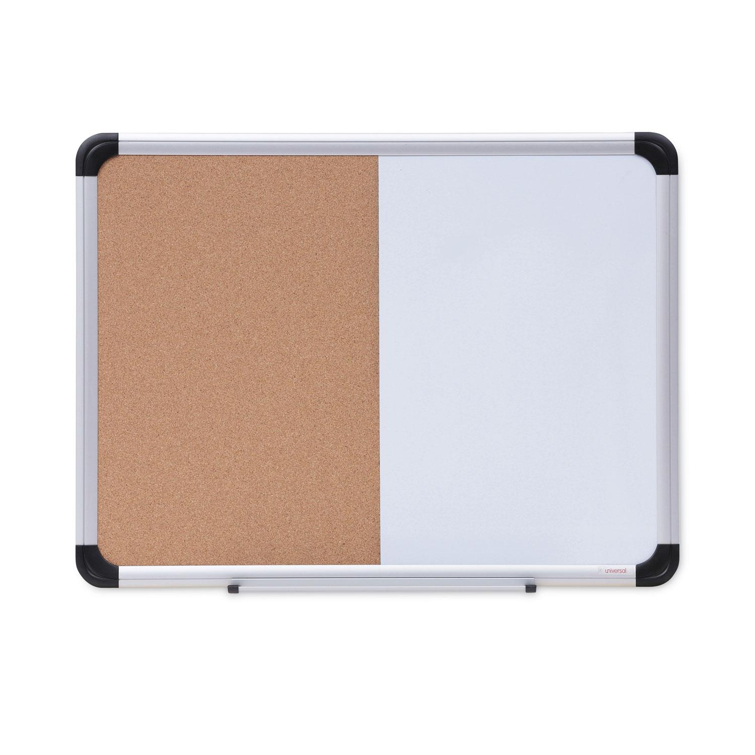 Universal® Cork/Dry Erase Board, Melamine, 24 x 18, Black/Gray Aluminum/Plastic Frame