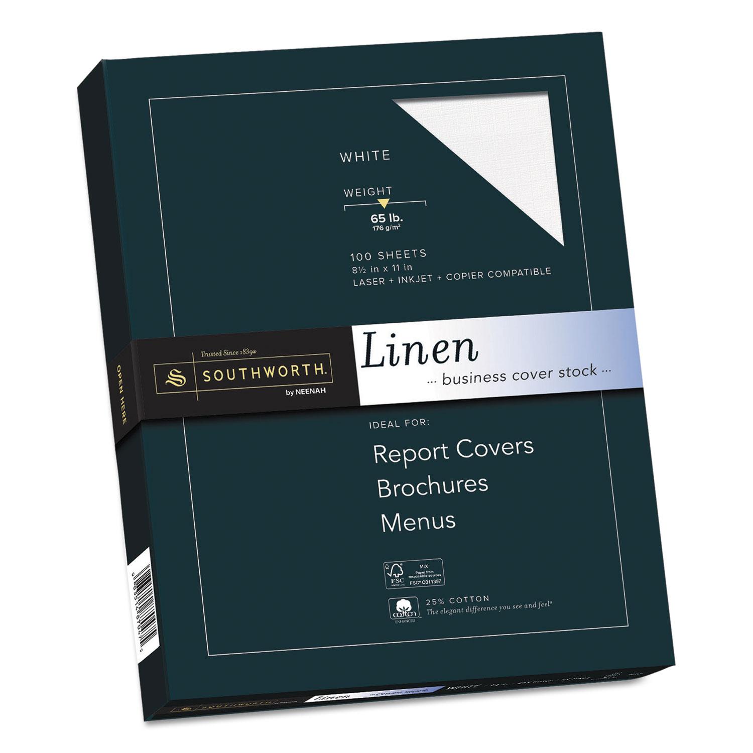 Southworth® 25% Cotton Linen Business Coverstock, White, 65lb, 8 1/2 x 11, 100 Sheets