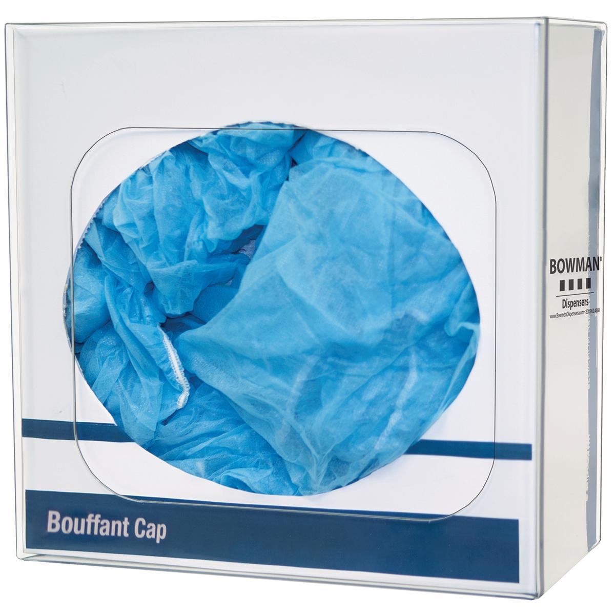 Bouffant Cap or Shoe Cover Dispenser Holds one box of bouffant caps or shoe covers Keyholes for wall mounting Clear PETG Plastic Made in the USA