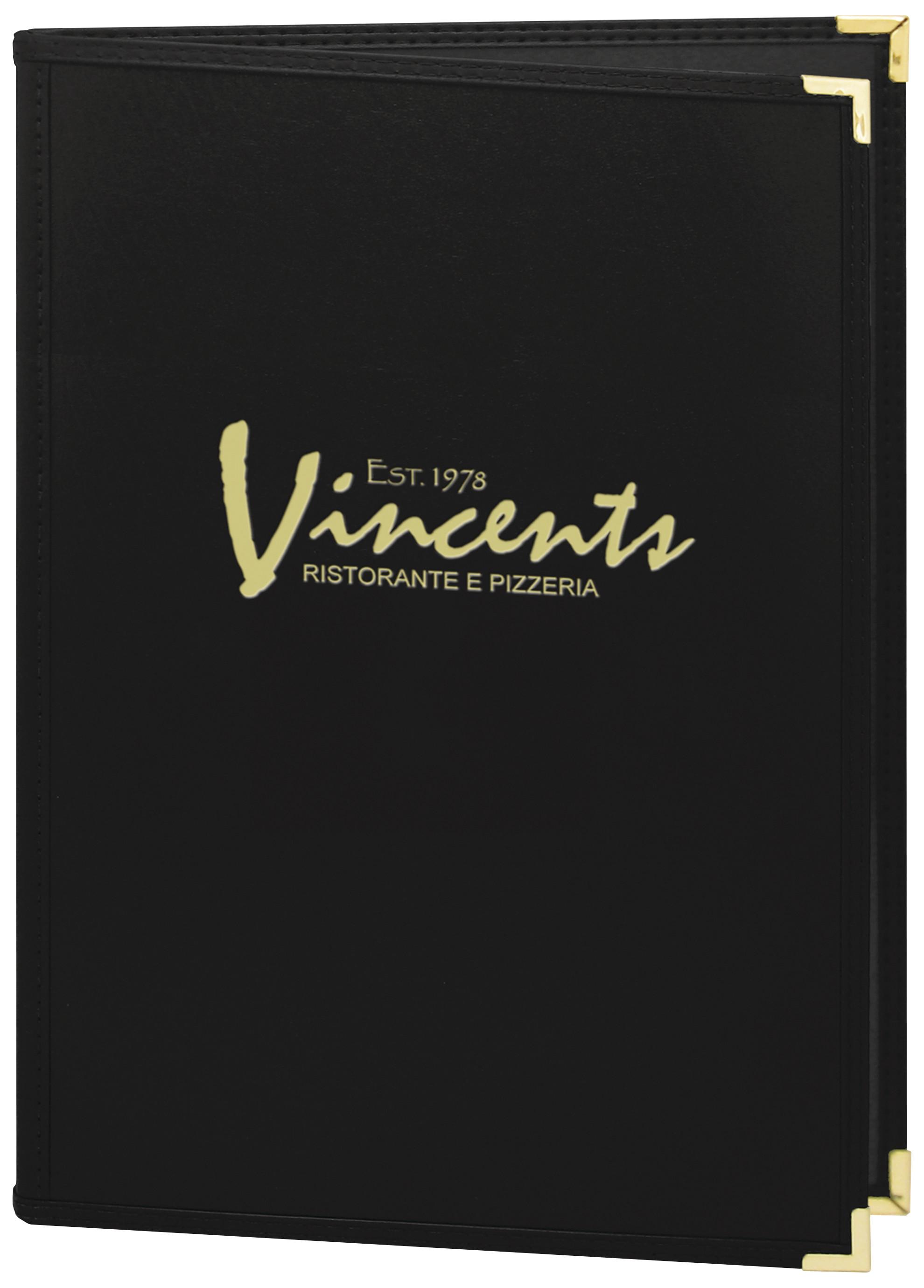 Sewn Pajco Menu Cover, 5.5" x 8.5" Two-View with Double Pocket, Menu Die S-4 - Color: Black Corner Color: Gold Foil Color: Gold  Min Order Qty = 25