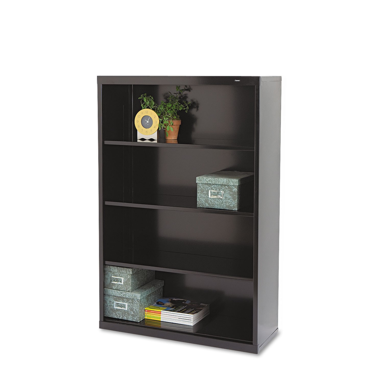 Metal Bookcase, Four-Shelf, 34-1/2"W x 13-1/2"D x 52-1/2"H, Black