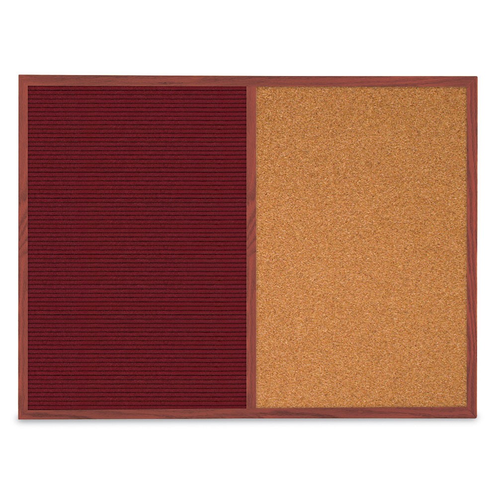 24" x 18" Cherry Wooden Open Faced Enclosed Combination Board with Burgundy Letterboard and Natural Cork Boards