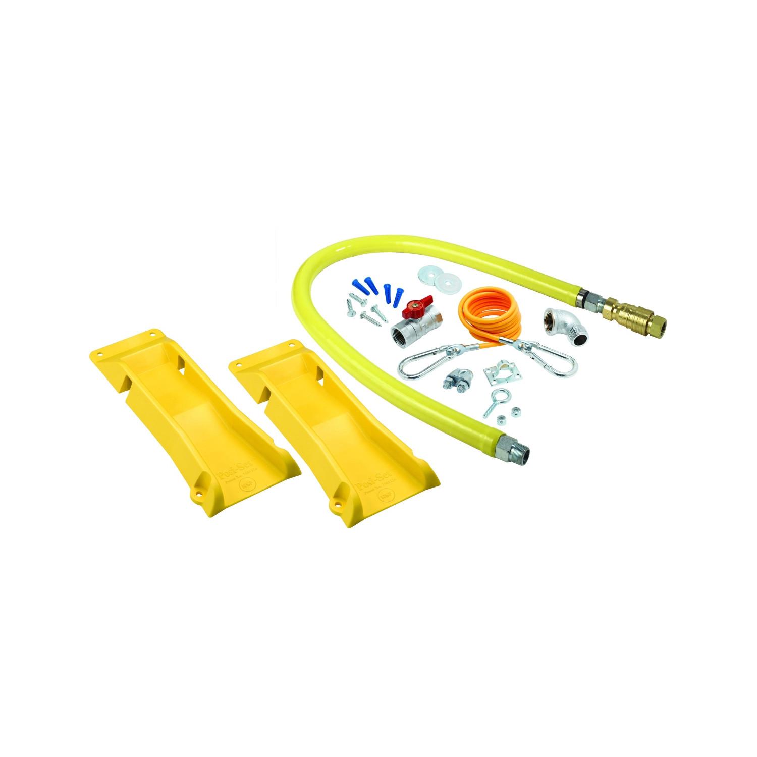 48" coated gas appliance connector hose with 3/4" NPT male connections, installation kit, locating devices and quick-disconnect.