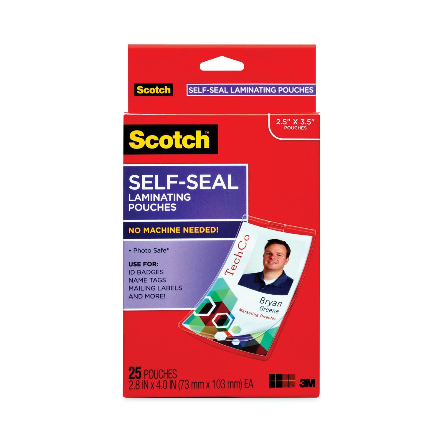 Scotch™ Self-Sealing Laminating Pouches w/Clip, 12.5 mil, 2 15/16 x 4 1/16, 25/Pack
