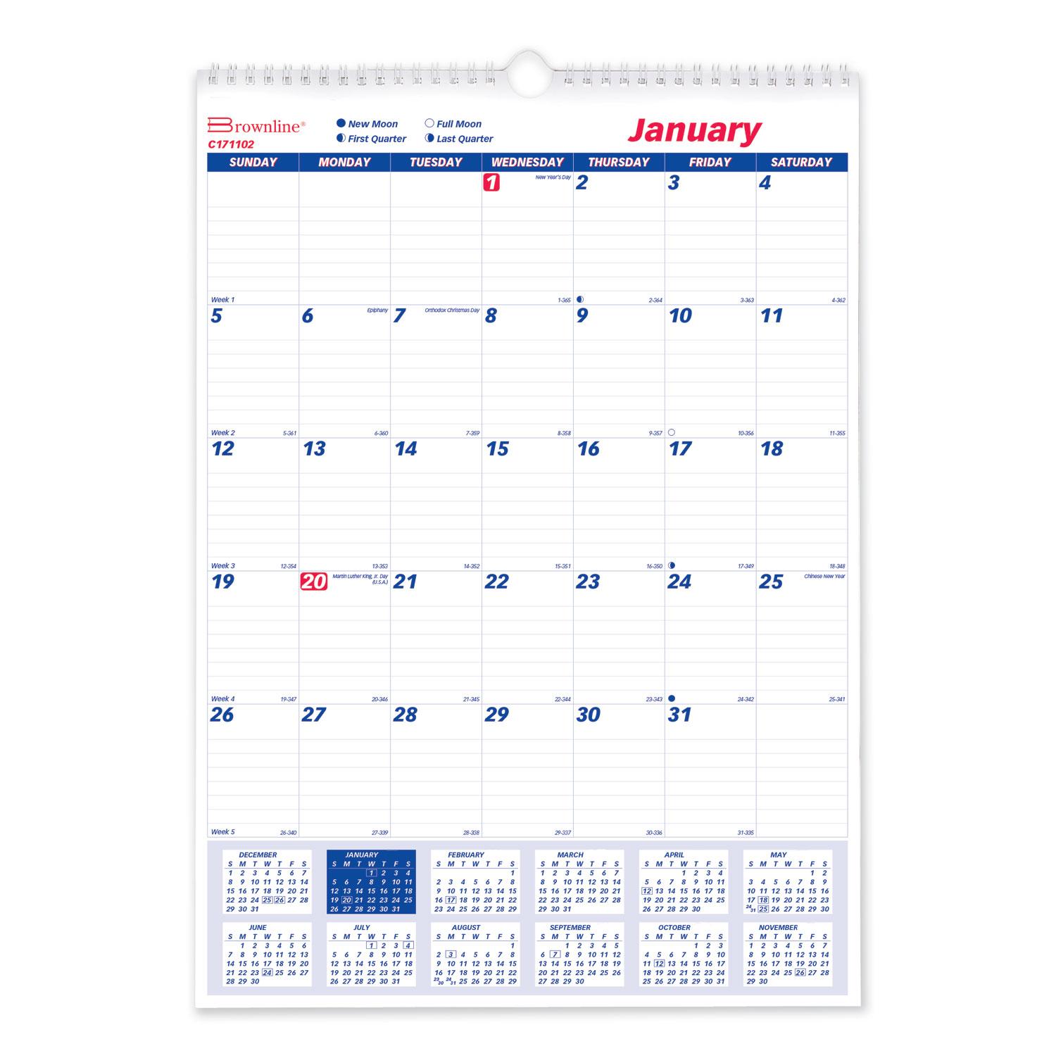Brownline® One Month Per Page Twin Wirebound Wall Calendar, 12 x 17,