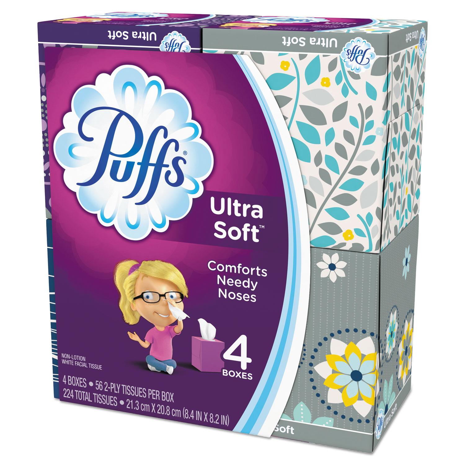 Puffs® Ultra Soft Facial Tissue, 2-Ply, White, 56 Sheets/Box, 4/Pack