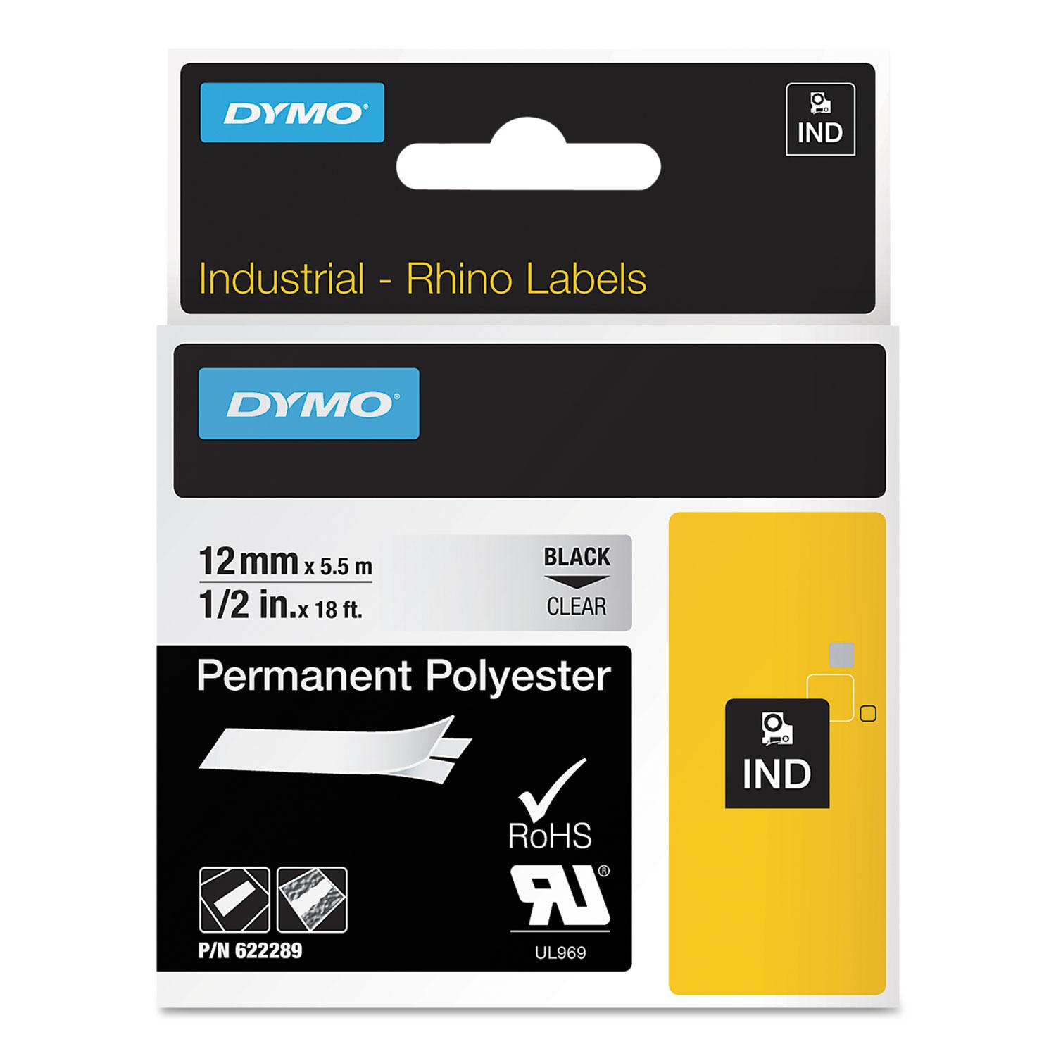 DYMO® Rhino Permanent Vinyl Industrial Label Tape, 1/2" x 18 ft, Clear/Black Print