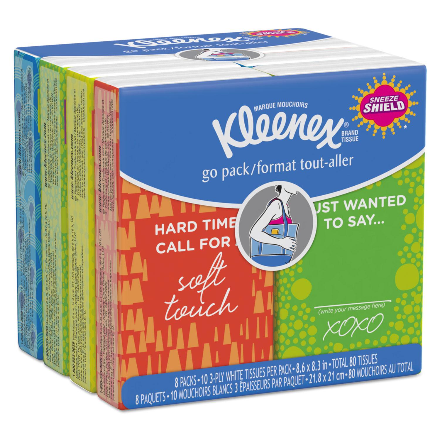 Kleenex® Facial Tissue Pocket Packs, 3-Ply, White, 10/Pouch, 8 Pouches/Pack, 12/Ctn