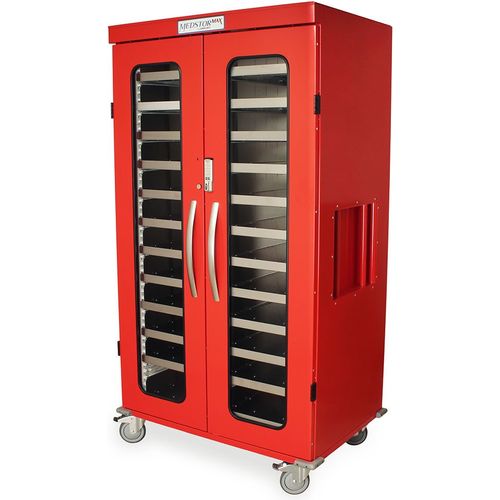 Red Double Column Mobile Medical Storage Cabinet, Glass Doors, E-Lock
