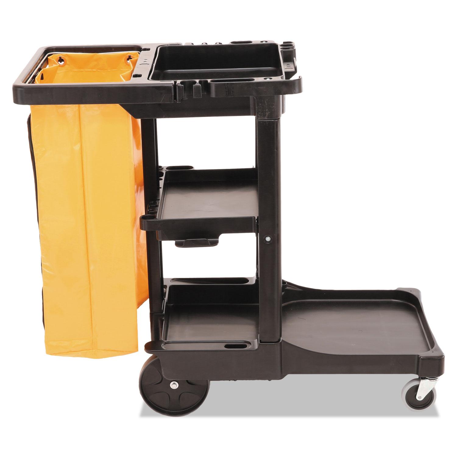Rubbermaid Janitor Cart, Multi Shelf, Black, Zippered Yellow 25 Gallon Bag