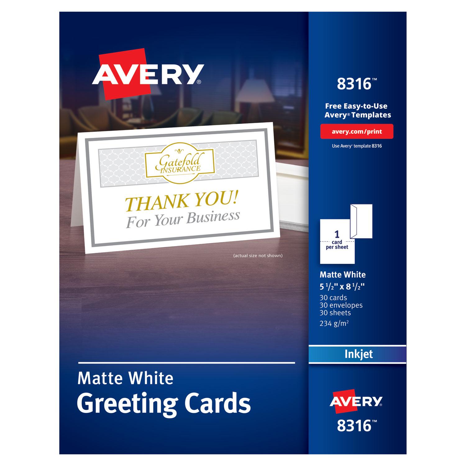 Avery® Half-Fold Greeting Cards, Inkjet, 5 1/2 x 8 1/2, Matte White, 30/Box w/Envelopes