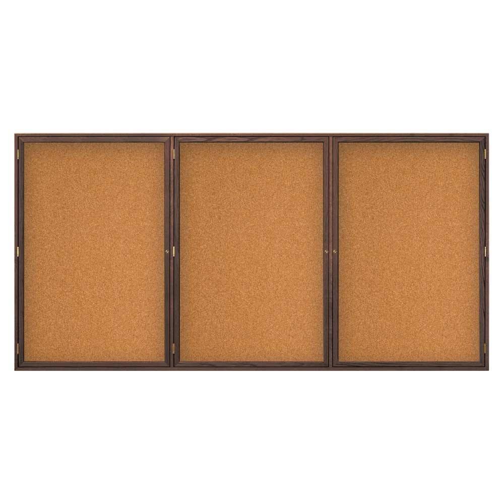 96" x 48" Triple Door Wood Enclosed Corkboard with Cork backing board and Walnut Wood Stain frame