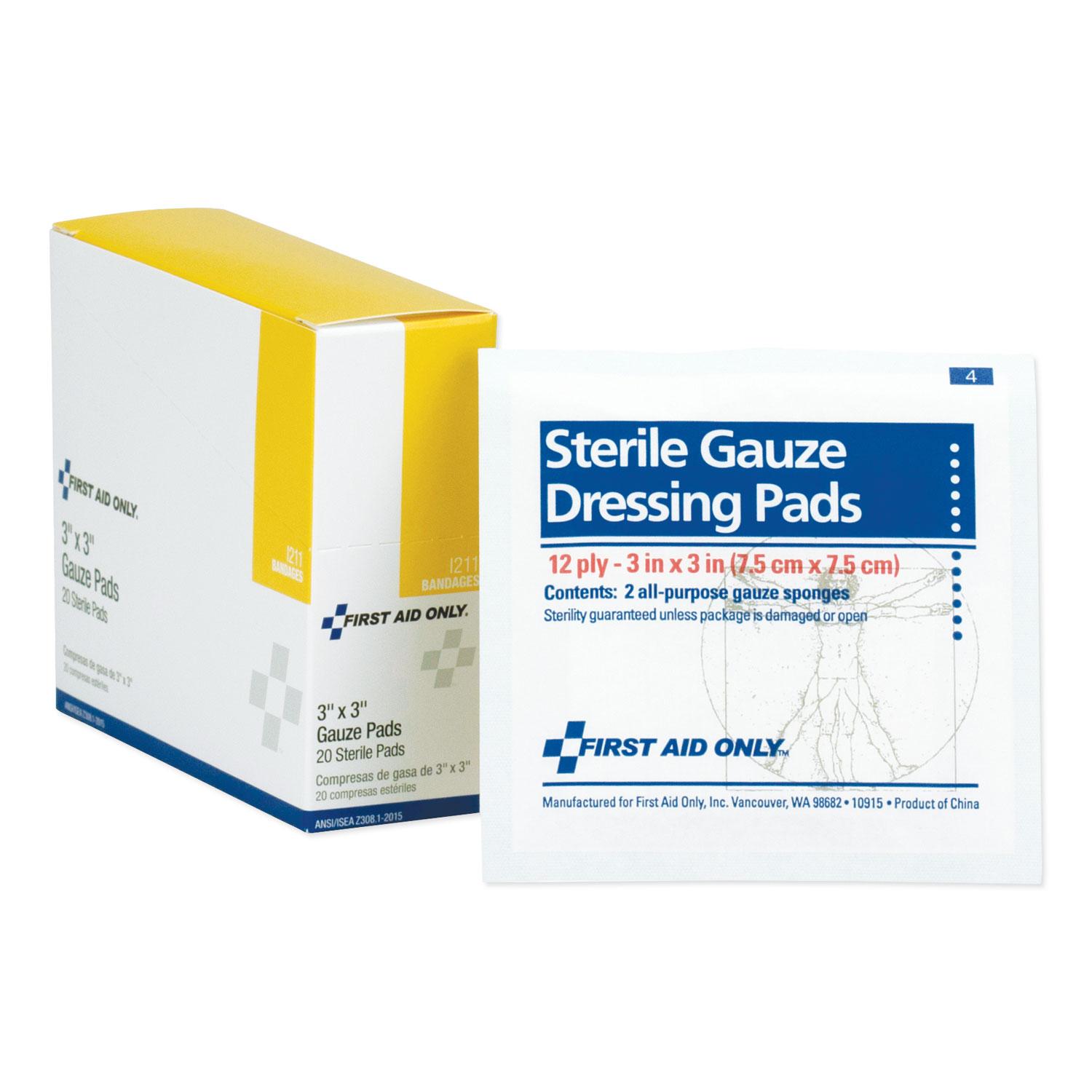 First Aid Only 3" Sterile 12-Ply Pads, 20/Box (I211)